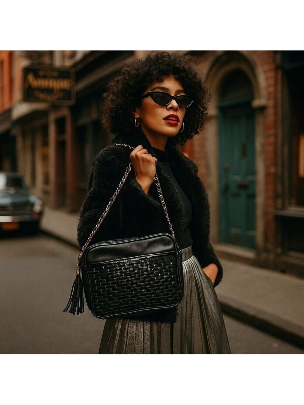 ✨ Vintage Leather Crossbody by PINKY – Black Woven Front, Chain Strap, USA